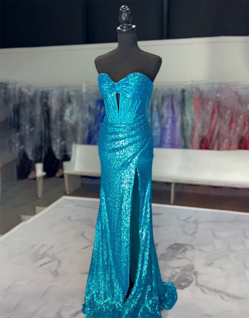 Sparkly Orange Mermaid Strapless Corset Sequins Long Prom Dress with Slit