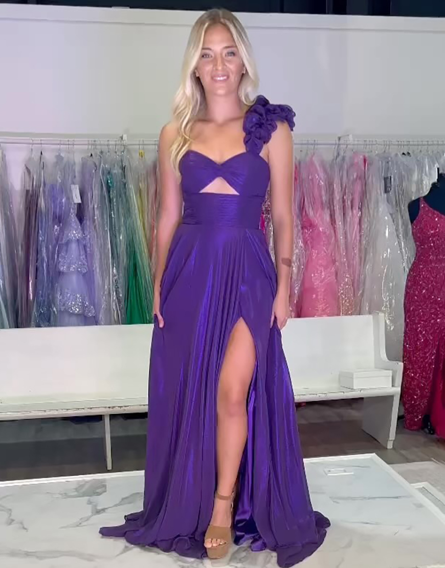 Sparkly Purple A-Line One Shoulder Corset Pleated Long Prom Dress with Slit