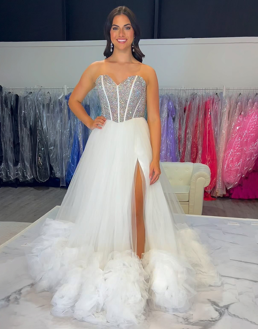 Sparkly White A-Line Strapless Beading Corset Tulle Ruffled Long Prom Dress with Slit