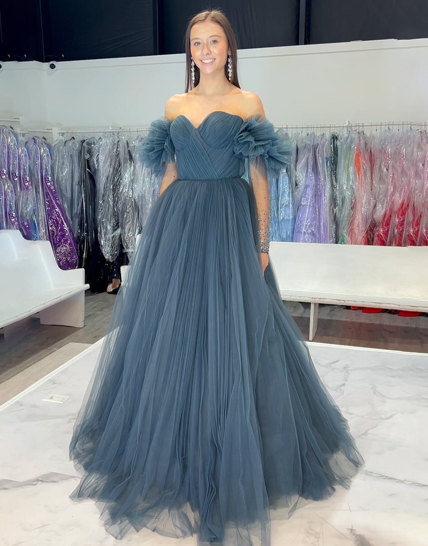 Grey Blue A-Line Off The Shoulder Pleated Tulle Long Prom Dress With Ruffles Sleeve