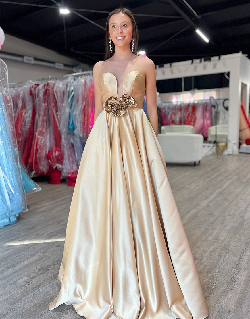 Sparkly Gold A-Line Strapless Pleated Satin Long Prom Dress With 3D Flowers
