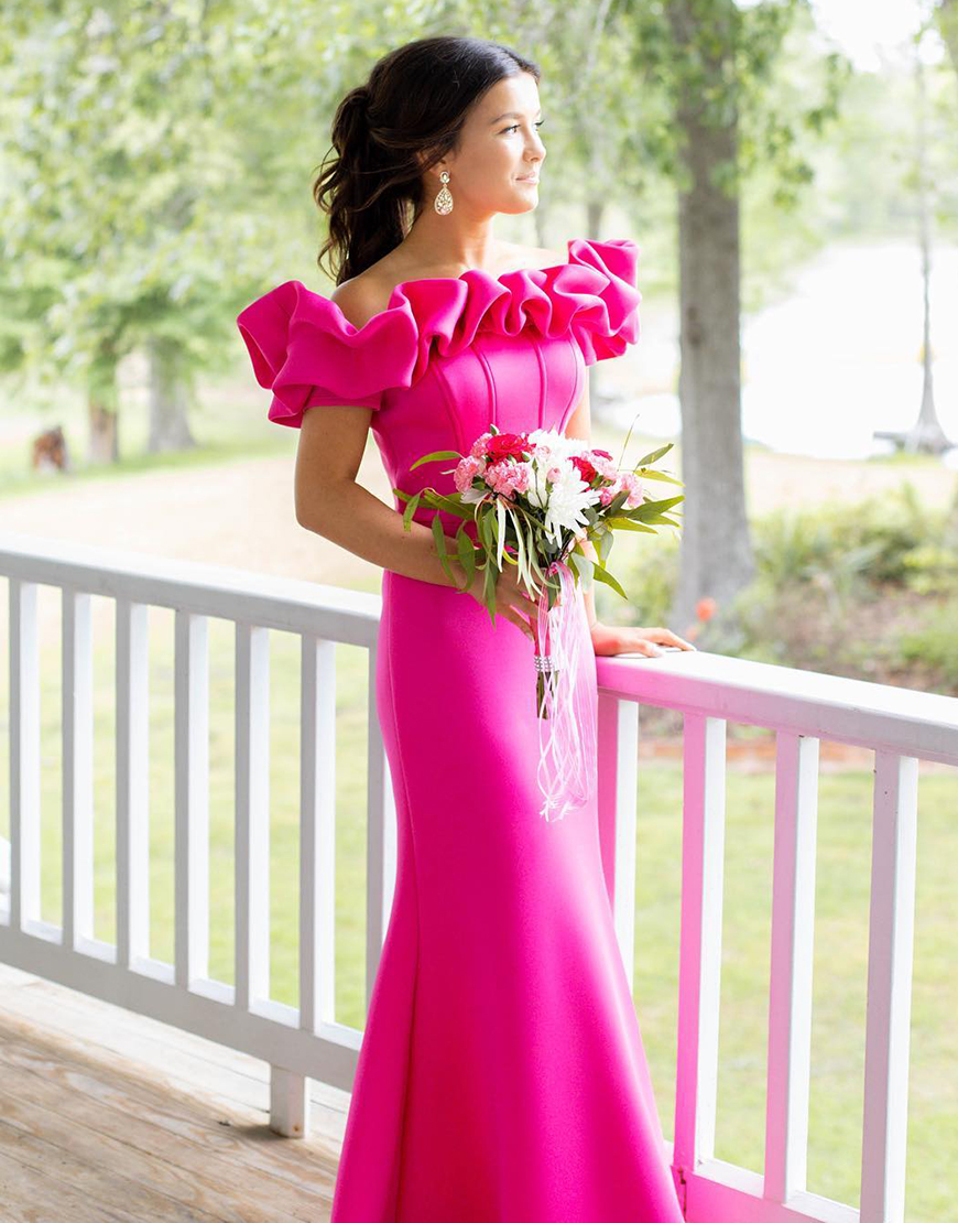 Fuchsia Mermaid Off the Shoulder Ruffled Long Prom Dress