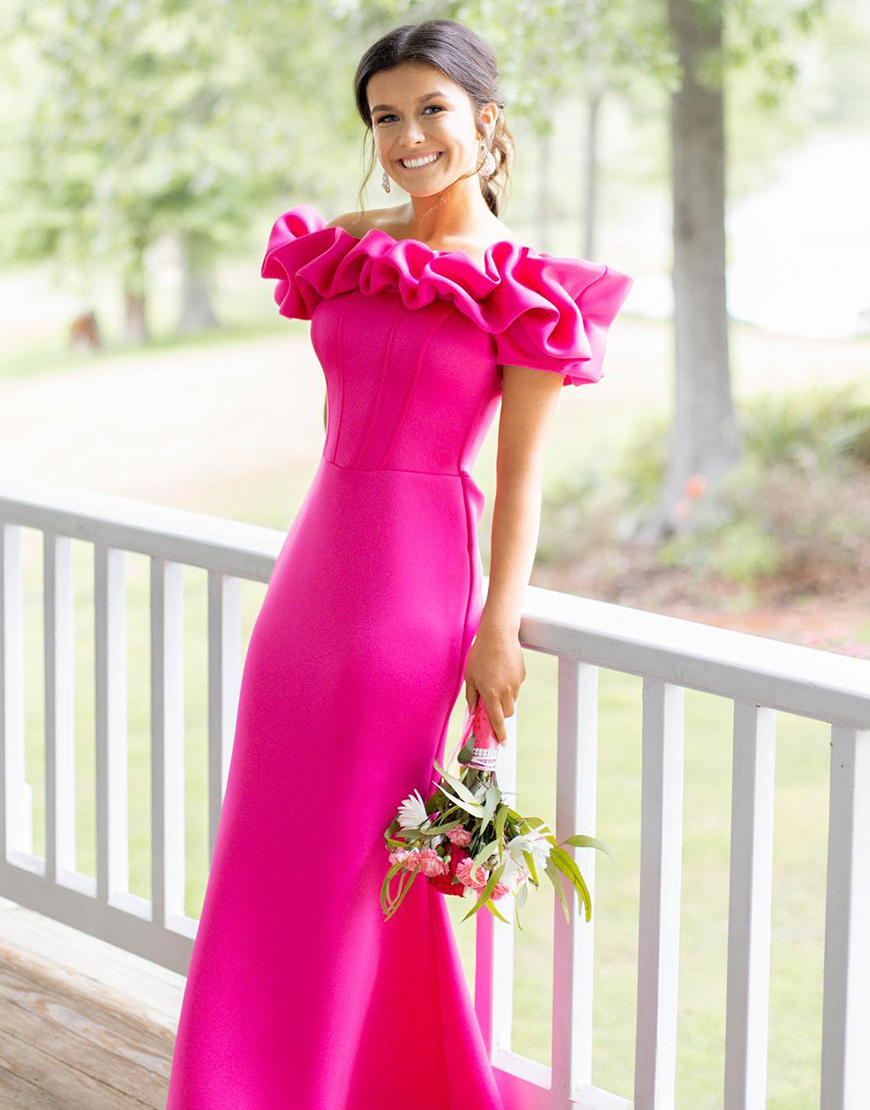 Fuchsia Mermaid Off the Shoulder Ruffled Long Prom Dress