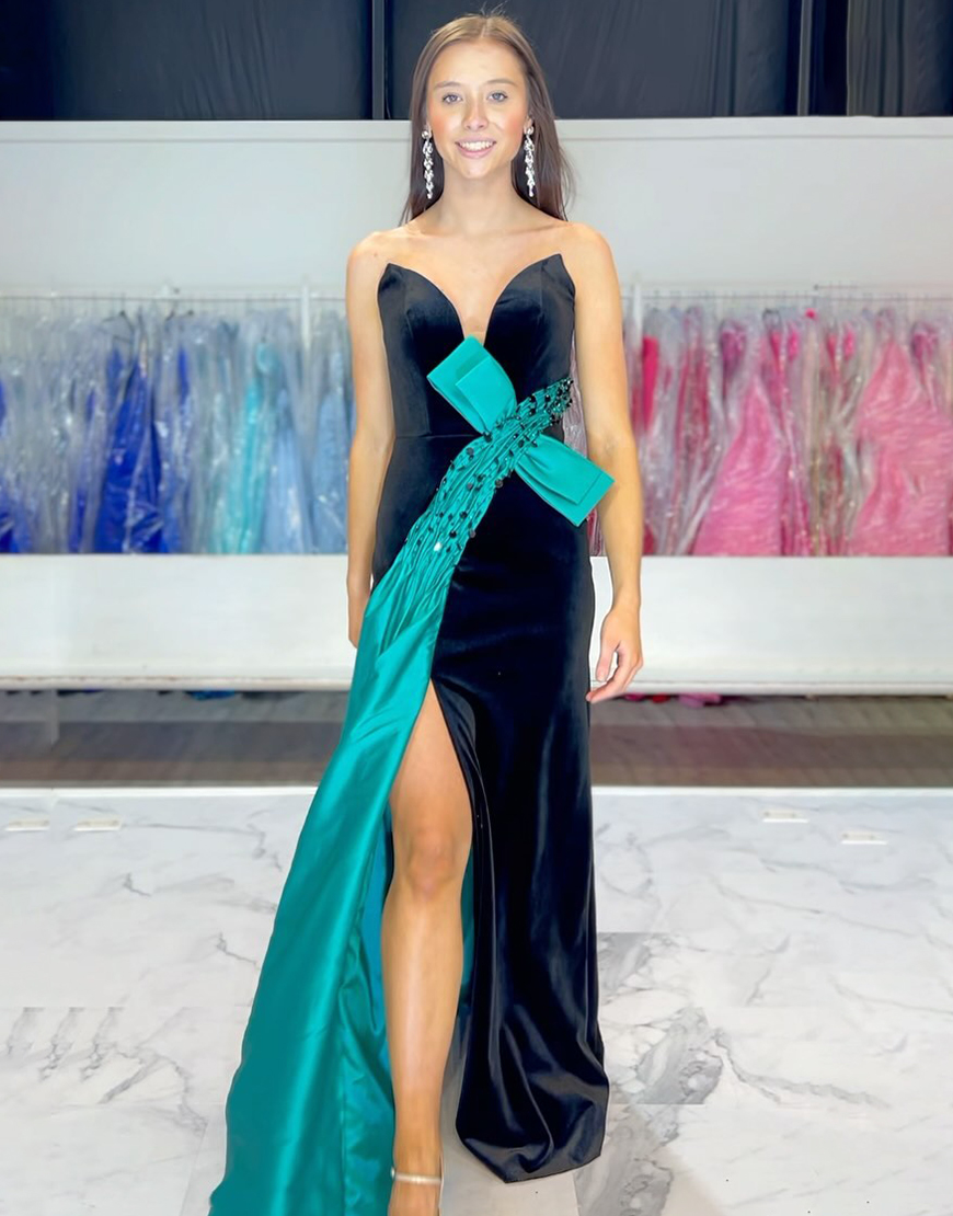 Black Mermaid Strapless V-Neck Bow Long Prom Dress with Beading Slit
