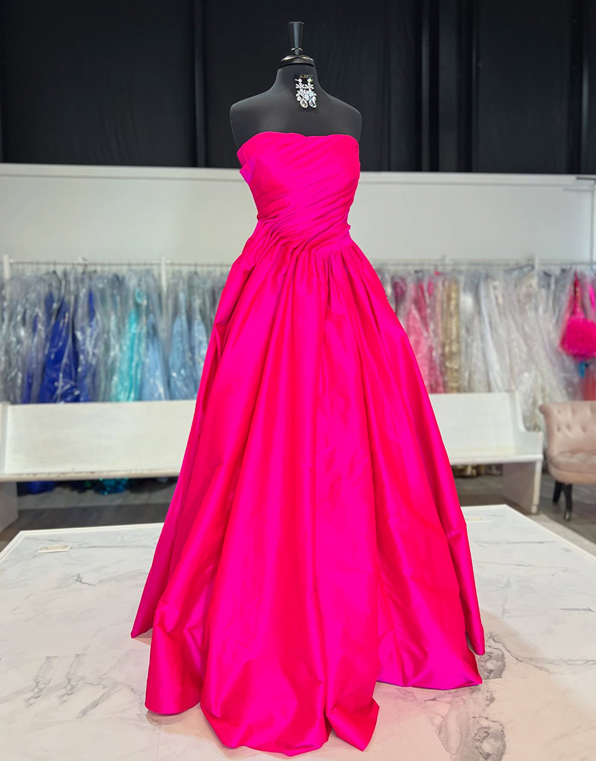 Sparkly Fuchsia A-Line Strapless Ruched Corset Satin Long Prom Dress