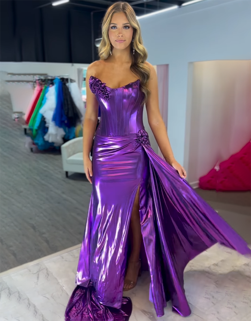 Sparkly Purple A-Line Strapless Corset Ruched Split Long Prom Dress with 3D Flower
