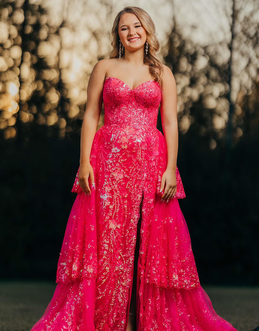 Sparkly Fuchsia A-Line Strapless Tiered Tulle Long Prom Dress with Sequins Appliques Slit