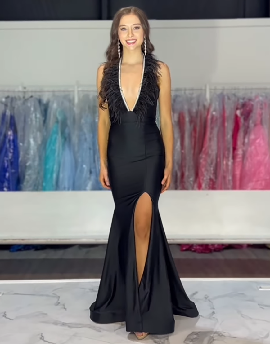 Sparkly Fuchsia Mermaid V Neck Satin Long Prom Dress with Rhinestones and Feathers