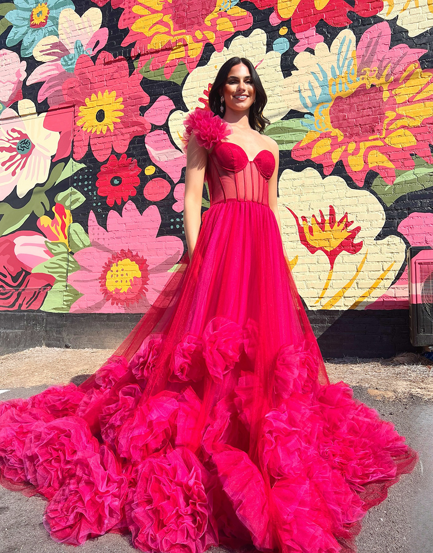 Fuchsia A-Line One Shoulder Corset Tulle Long Prom Dress with Ruffles