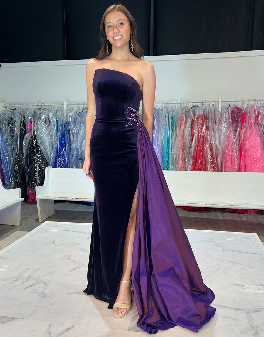 A-Line Royal Blue Strapless Split Long Prom Dress with Rhinestones