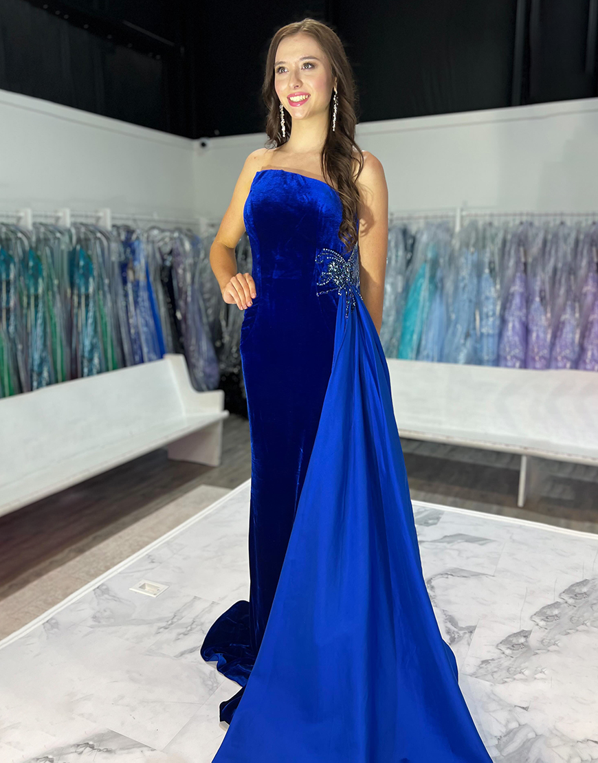 A-Line Royal Blue Strapless Split Long Prom Dress with Rhinestones