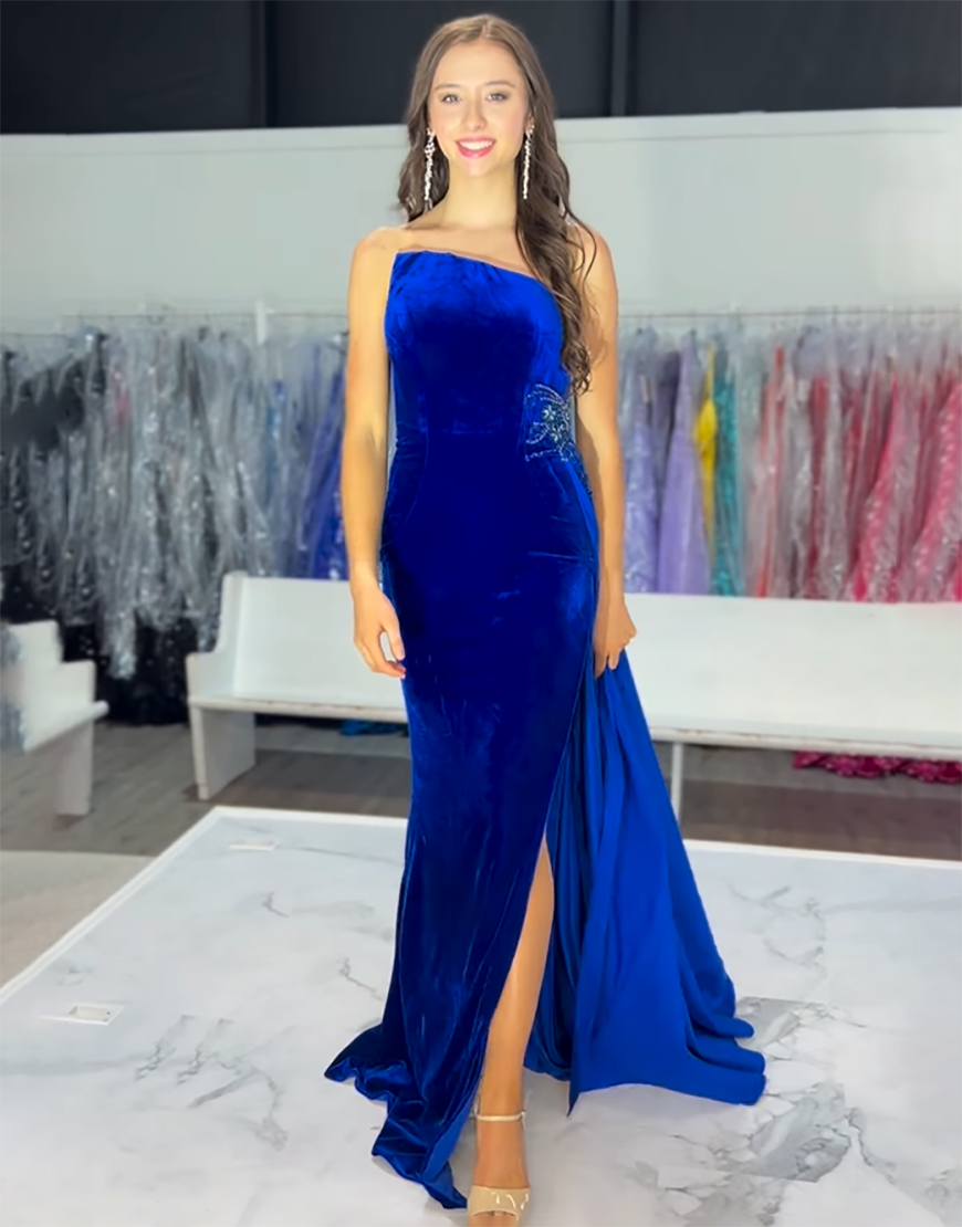 A-Line Royal Blue Strapless Split Long Prom Dress with Rhinestones