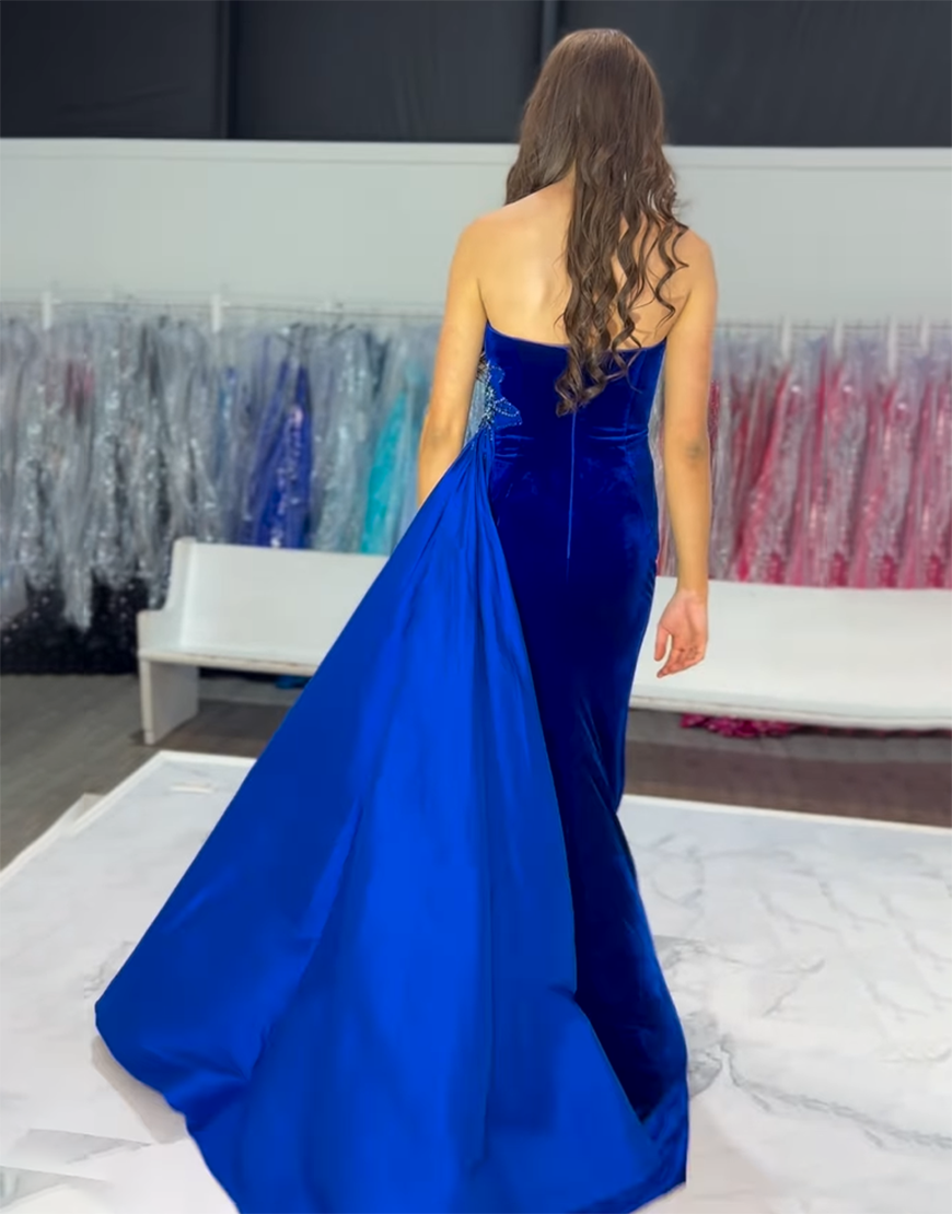 A-Line Royal Blue Strapless Split Long Prom Dress with Rhinestones