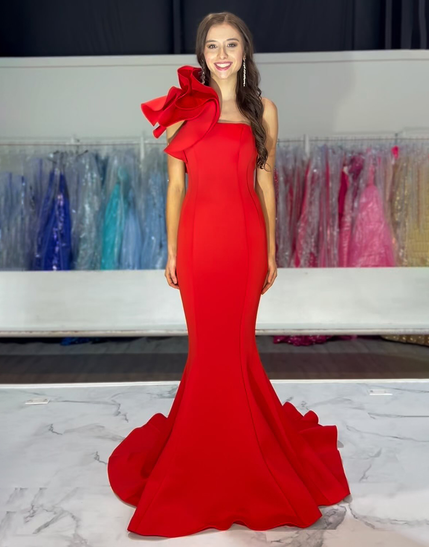 Red Mermaid One Shoulder Corset Long Prom Dress with Ruffles