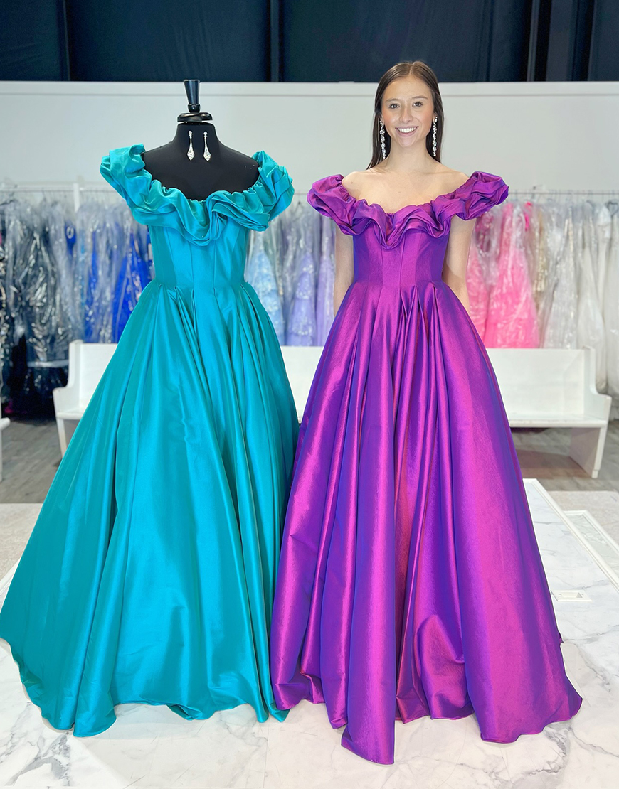 Sparkly Purple A-Line Off  The Shoulder Long Prom Dress with Ruffles