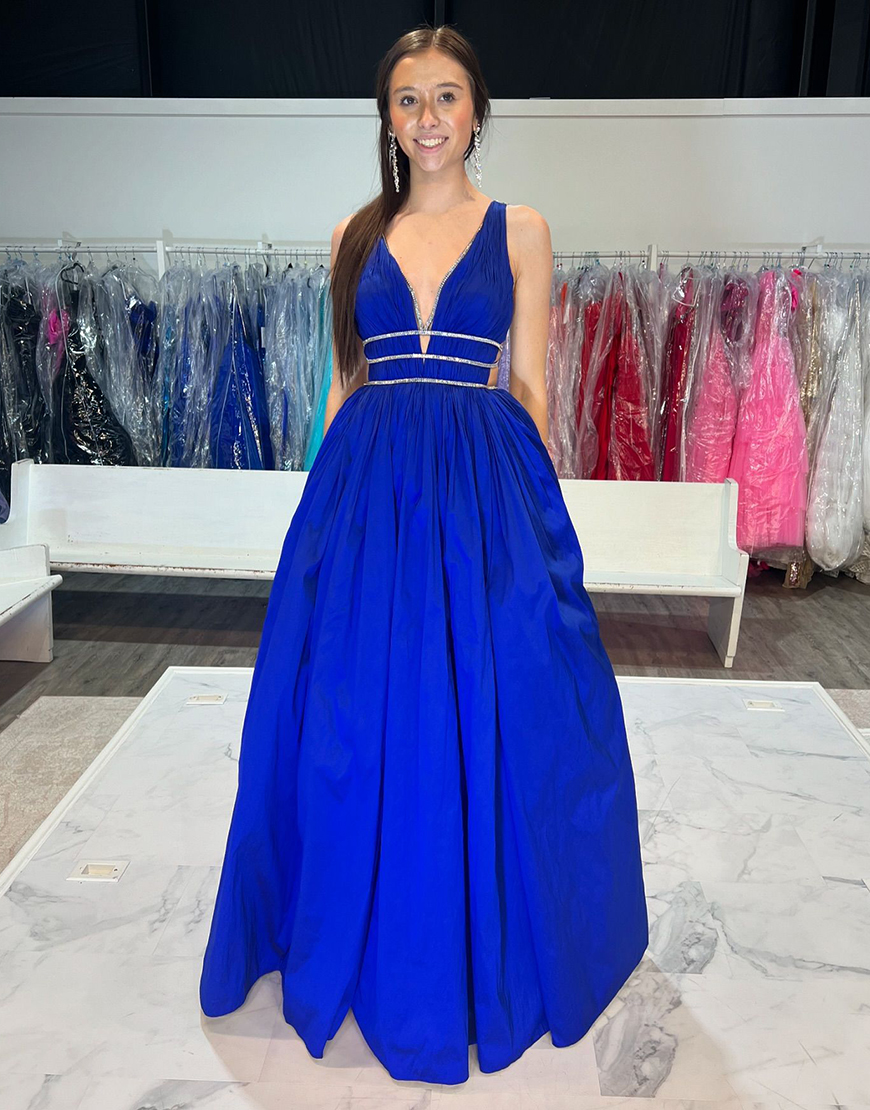 Royal Blue A-Line Spaghetti Straps V-Nek Pleated Long Prom Dress with Rhinestones
