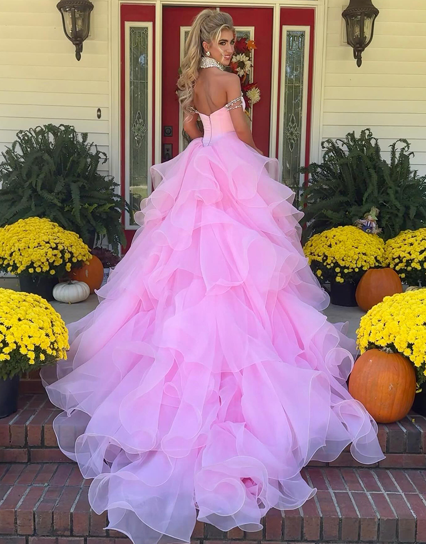 A-Line Pink Off the Shoulder Ruffles Tulle Long Prom Dress with Rhinestones
