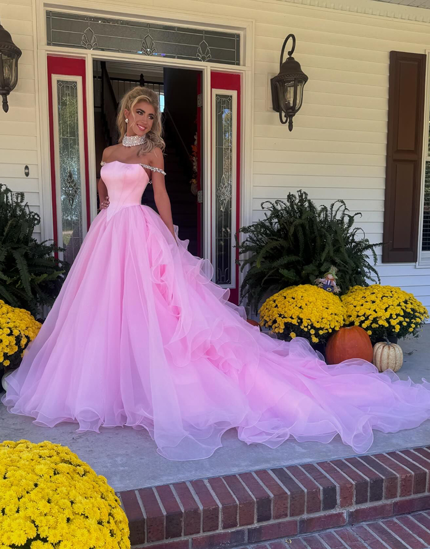 A-Line Pink Off the Shoulder Ruffles Tulle Long Prom Dress with Rhinestones