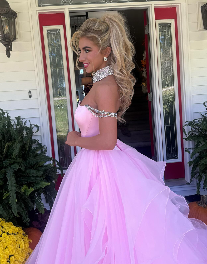 A-Line Pink Off the Shoulder Ruffles Tulle Long Prom Dress with Rhinestones