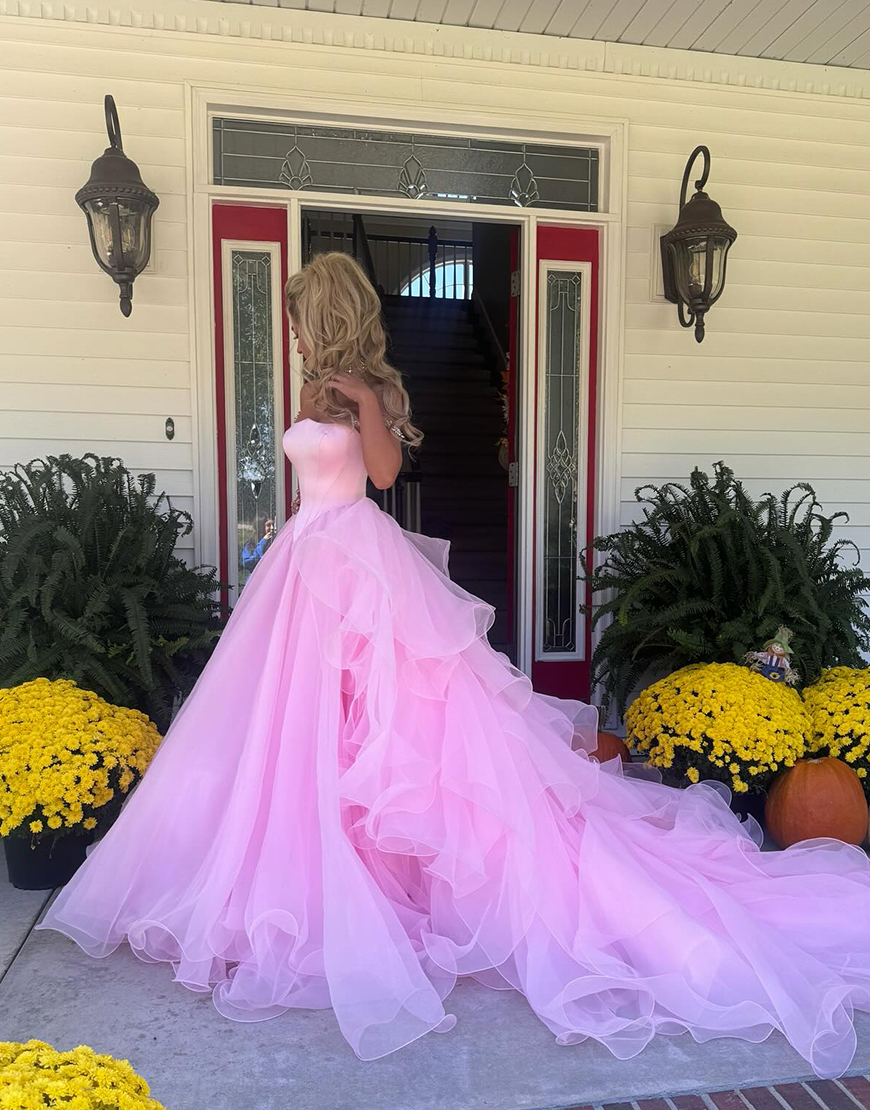 A-Line Pink Off the Shoulder Ruffles Tulle Long Prom Dress with Rhinestones