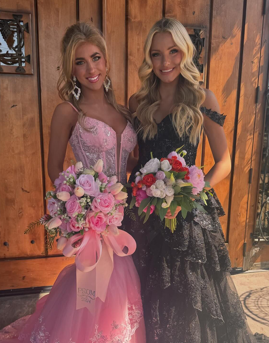 Sparkly Pink A-Line Spaghetti Straps Tiered Tulle Long Prom Dress with Sequins Appliques