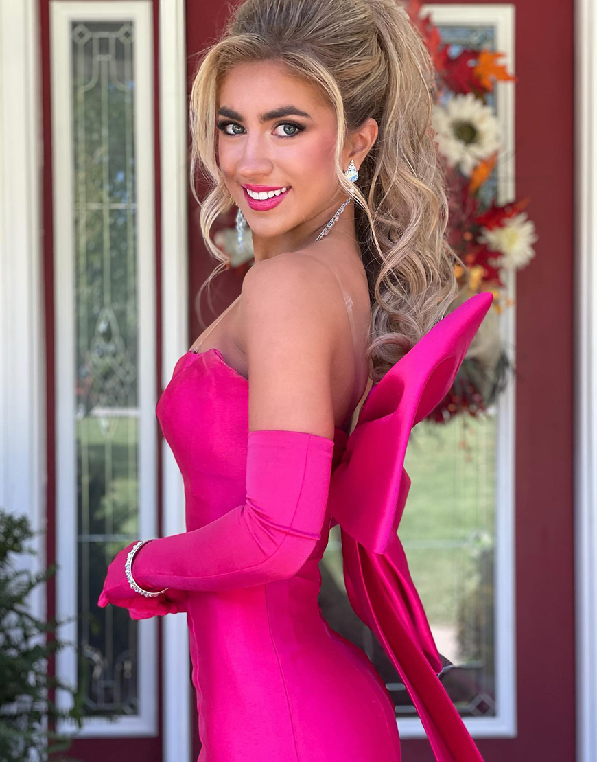 Sparkly Fuchsia Mermaid Strapless Satin Long Prom Dress with Bow