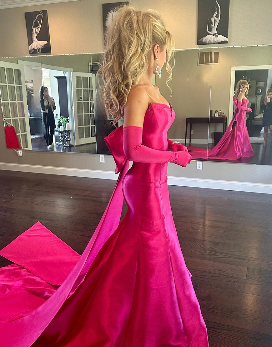 Sparkly Fuchsia Mermaid Strapless Satin Long Prom Dress with Bow