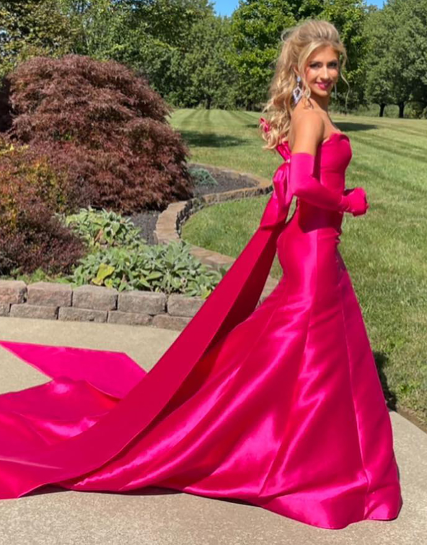 Sparkly Fuchsia Mermaid Strapless Satin Long Prom Dress with Bow