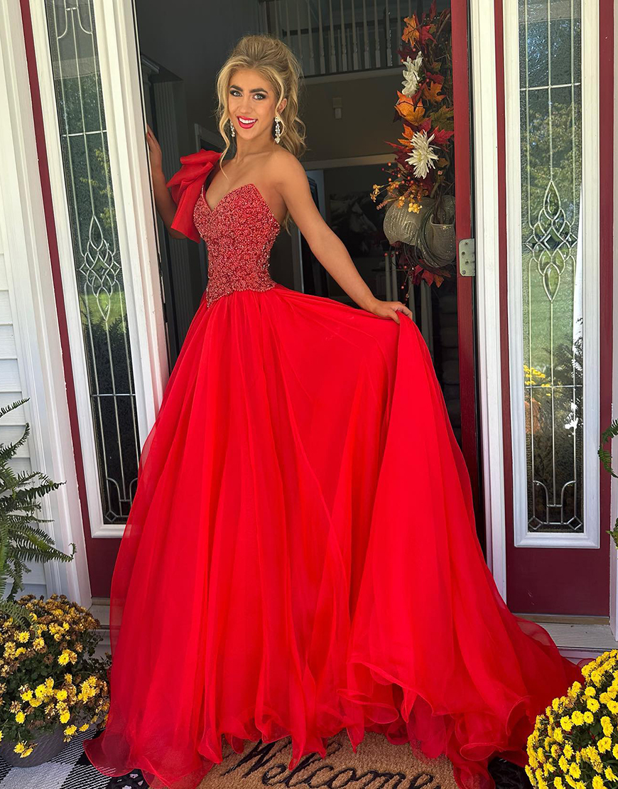 Sparkly Red A-Line One Shoulder Corset Tulle Long Prom Dress with Beading