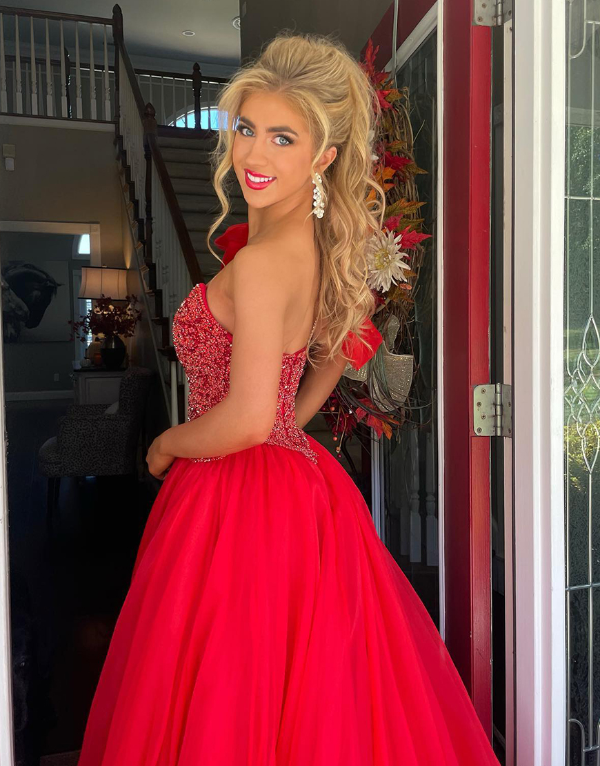 Sparkly Red A-Line One Shoulder Corset Tulle Long Prom Dress with Beading