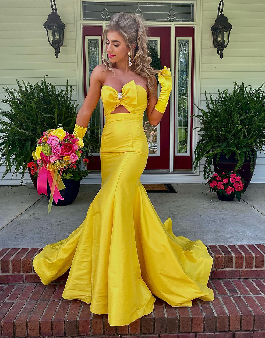 Sparkly Yellow Mermaid Strapless Hollow Out Long Prom Dress with Bow