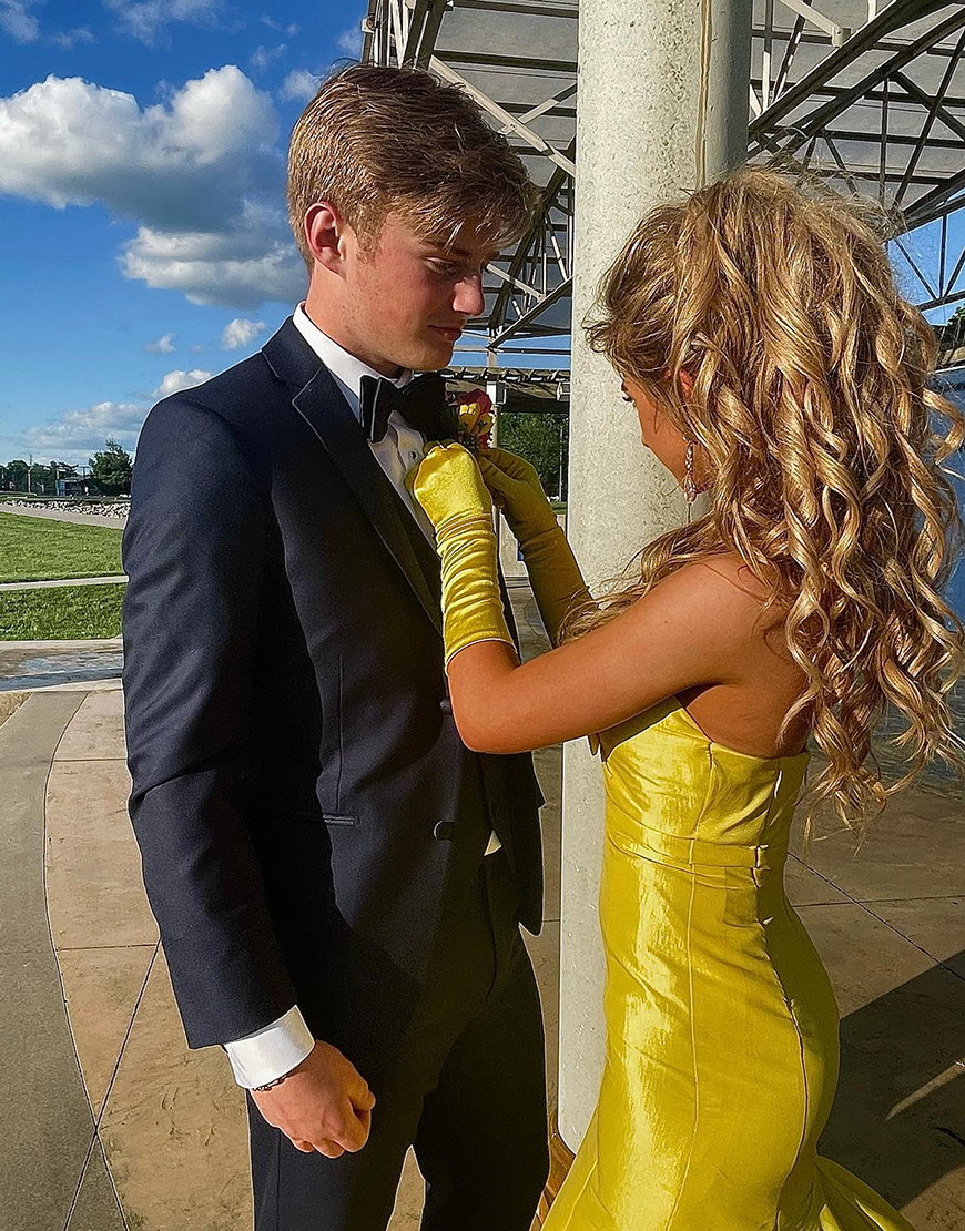Sparkly Yellow Mermaid Strapless Hollow Out Long Prom Dress with Bow