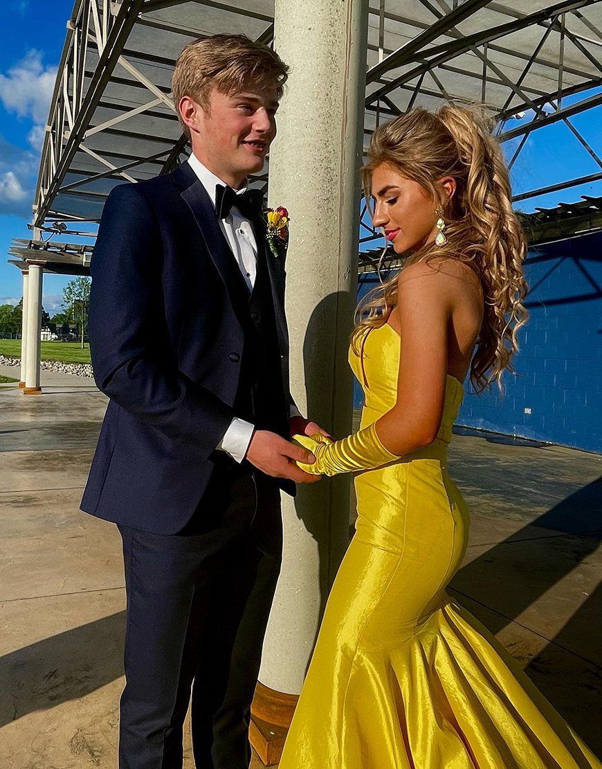 Sparkly Yellow Mermaid Strapless Hollow Out Long Prom Dress with Bow
