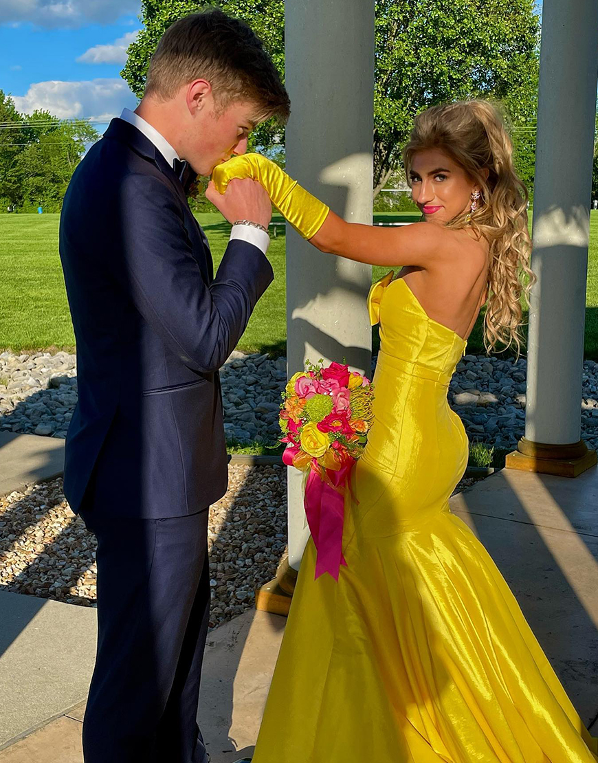 Sparkly Yellow Mermaid Strapless Hollow Out Long Prom Dress with Bow