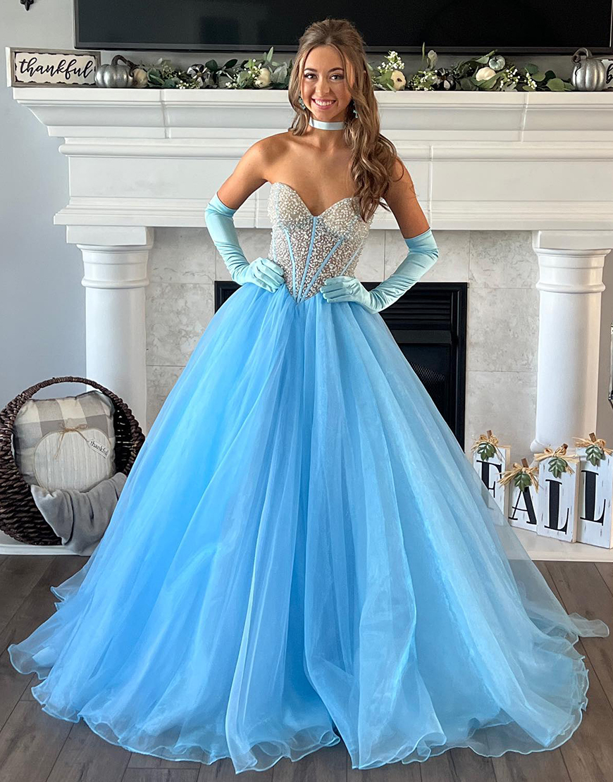 Sparkly Light Blue A-Line Sweetheart Corset Tulle Long Prom Dress with Beading