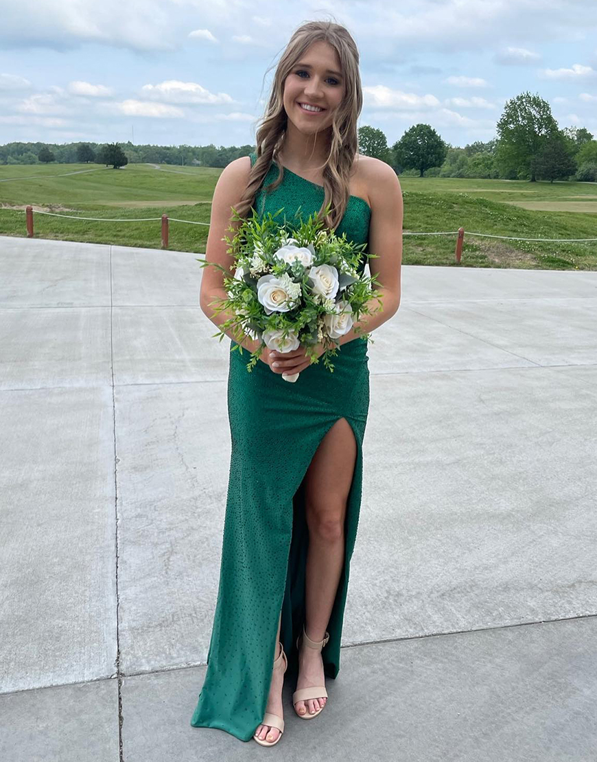 Sparkly Emerald Green Mermaid One Shoulder Sequin Long Prom Dress With Slit