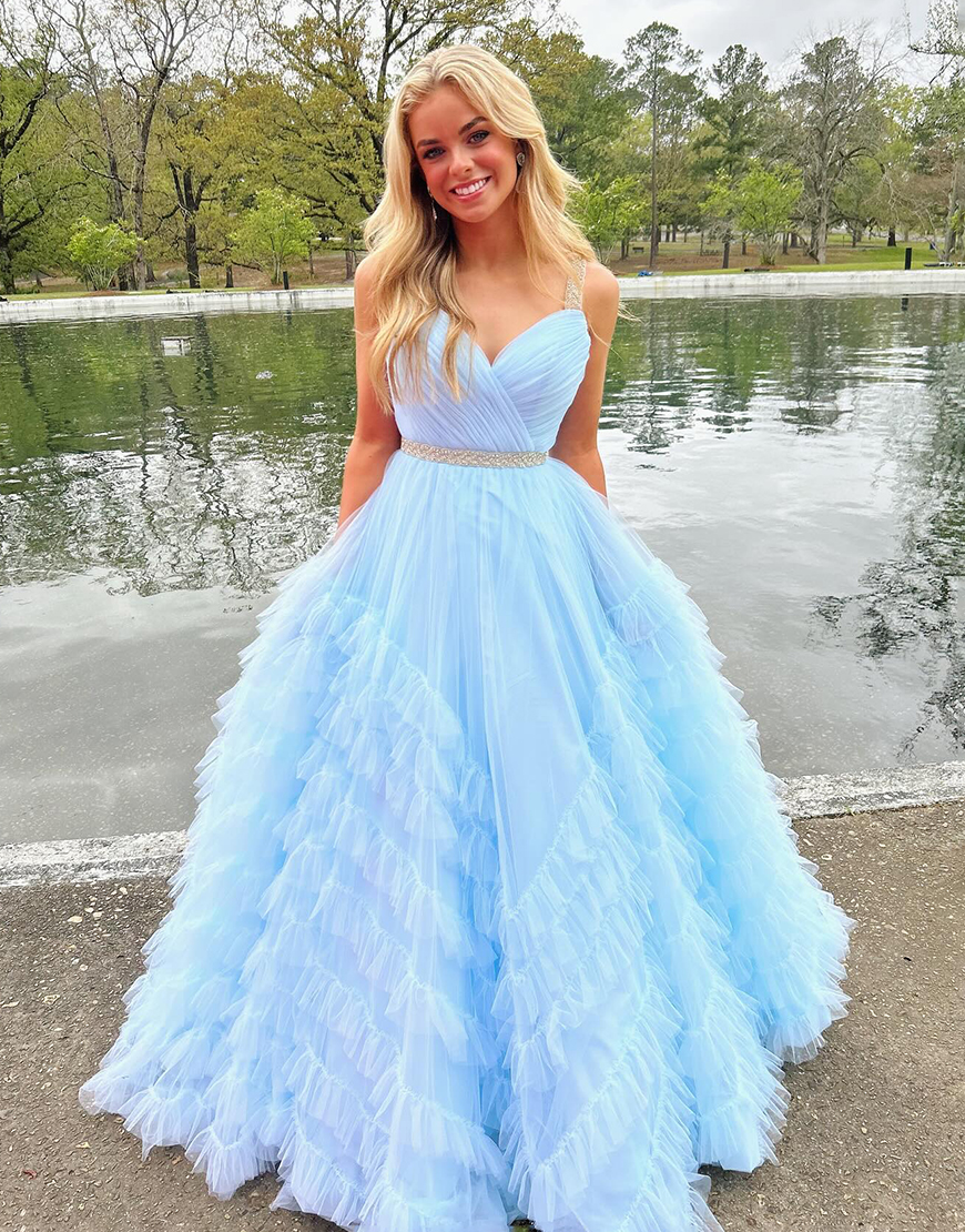 Sparkly Light Blue A-Line Straps Tulle Long Prom Dress with Beading