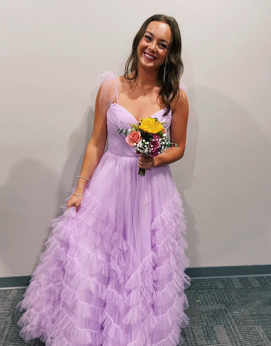 Elegant Lilac A-Line Straps Tulle Long Prom Dress with Ruffles