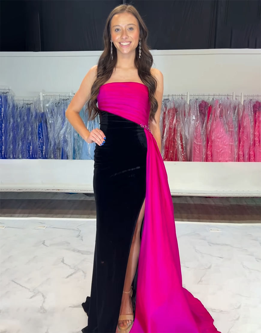 A-Line Black Fuchsia Strapless Split Long Prom Dress with Rhinestones