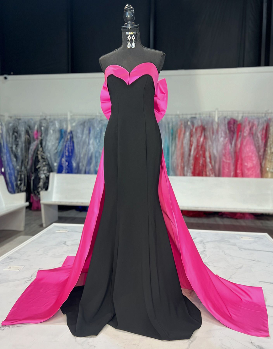 Bodycon Black Fuchsia Strapless Sweetheart Long Prom Dress with Bow Cloak