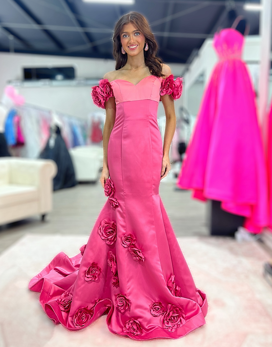 Fuchsia Mermaid Off The Shoulder Corset Ruffles Long Prom Dress with 3D Flowers