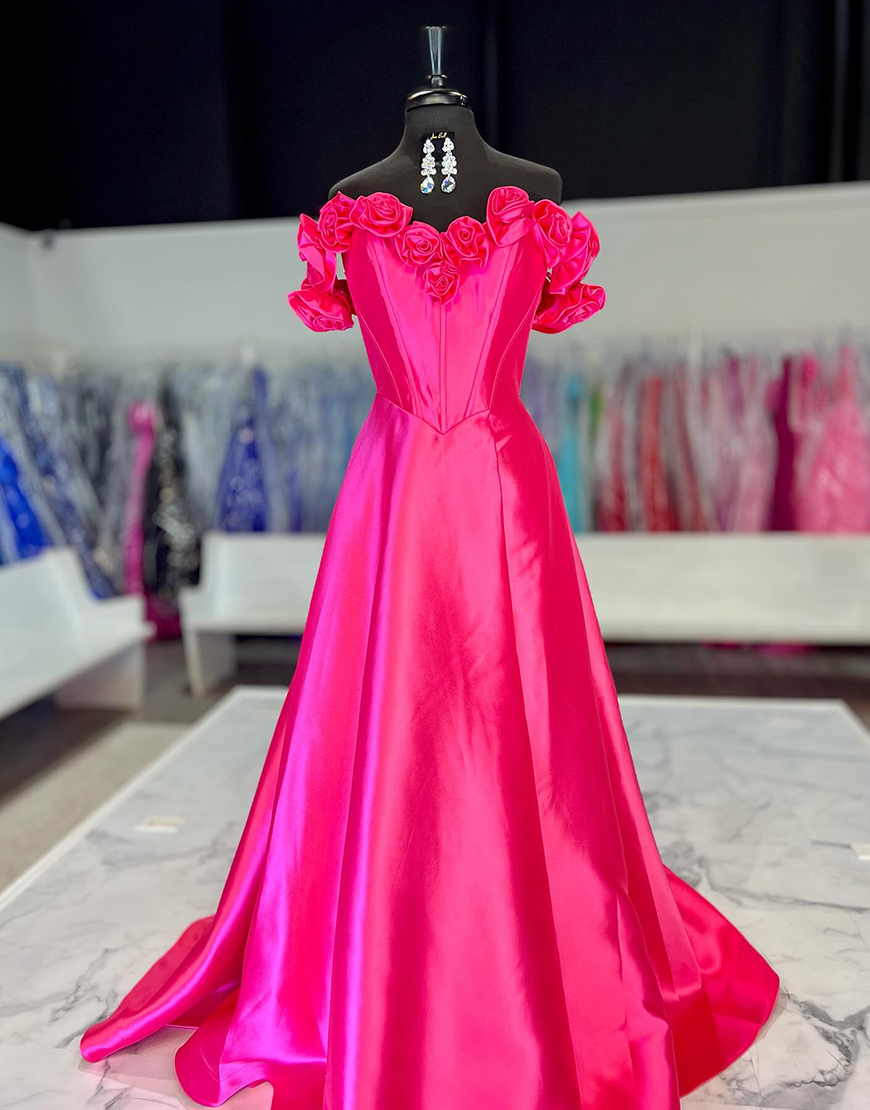 Fuchsia A-Line Off The Shoulder Corset Long Prom Dress with 3D Flowers