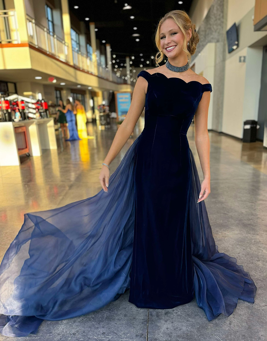 Navy A-Line Off The Shoulder V-Neck Tulle Long Prom Dress with Open Back