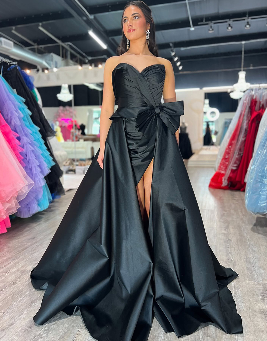 Sparkly Black A-Line Strapless Ruched Split Satin Long Prom Dress with Bow