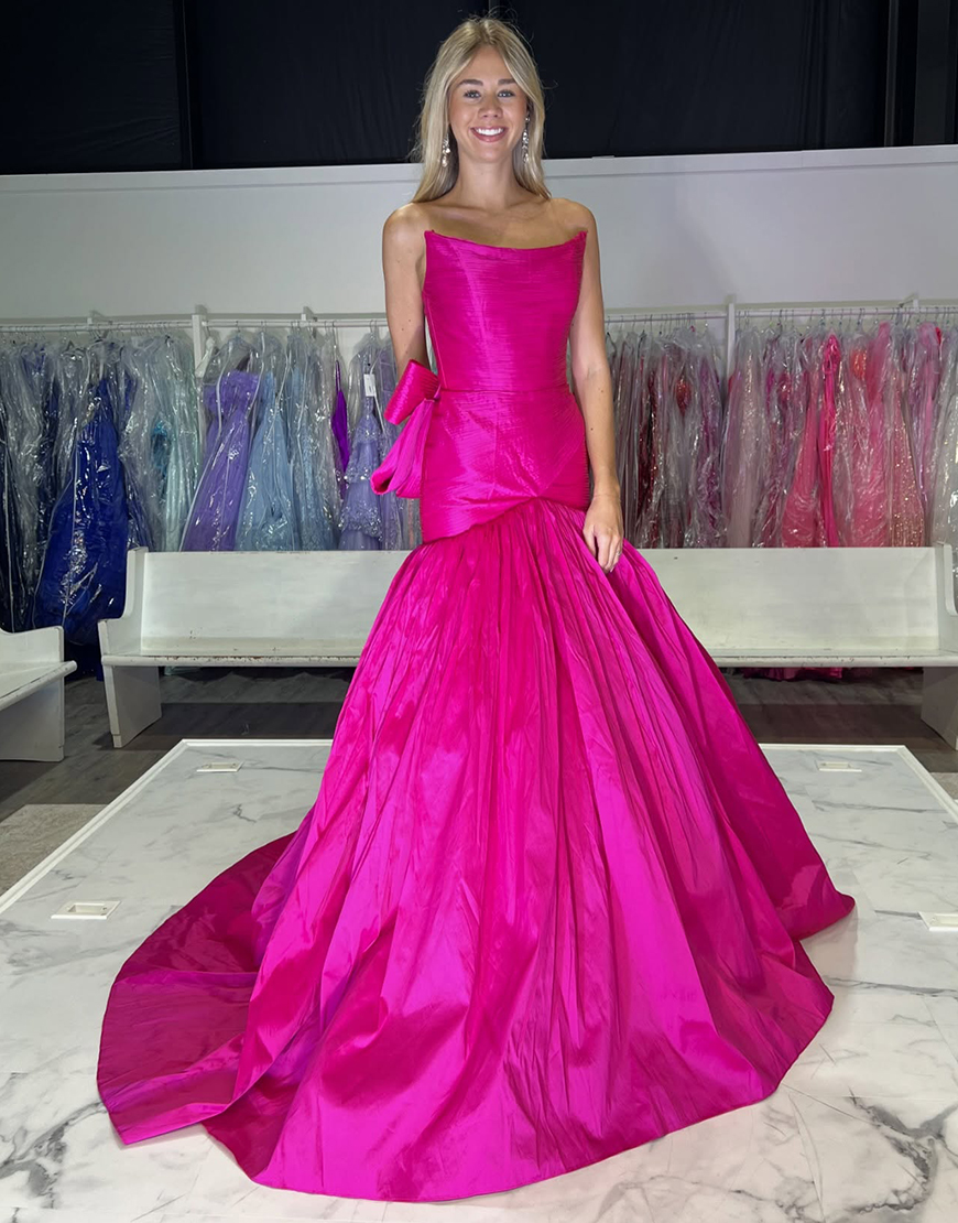 Sparkly Fuchsia A-Line Strapless Pleated Long Prom Dress with Bow Back