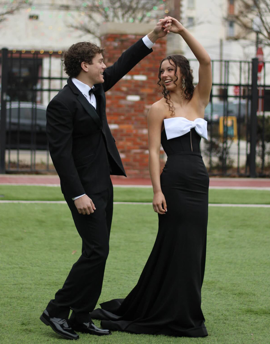 Mermaid Black Strapless Long Prom Dress with White Bow