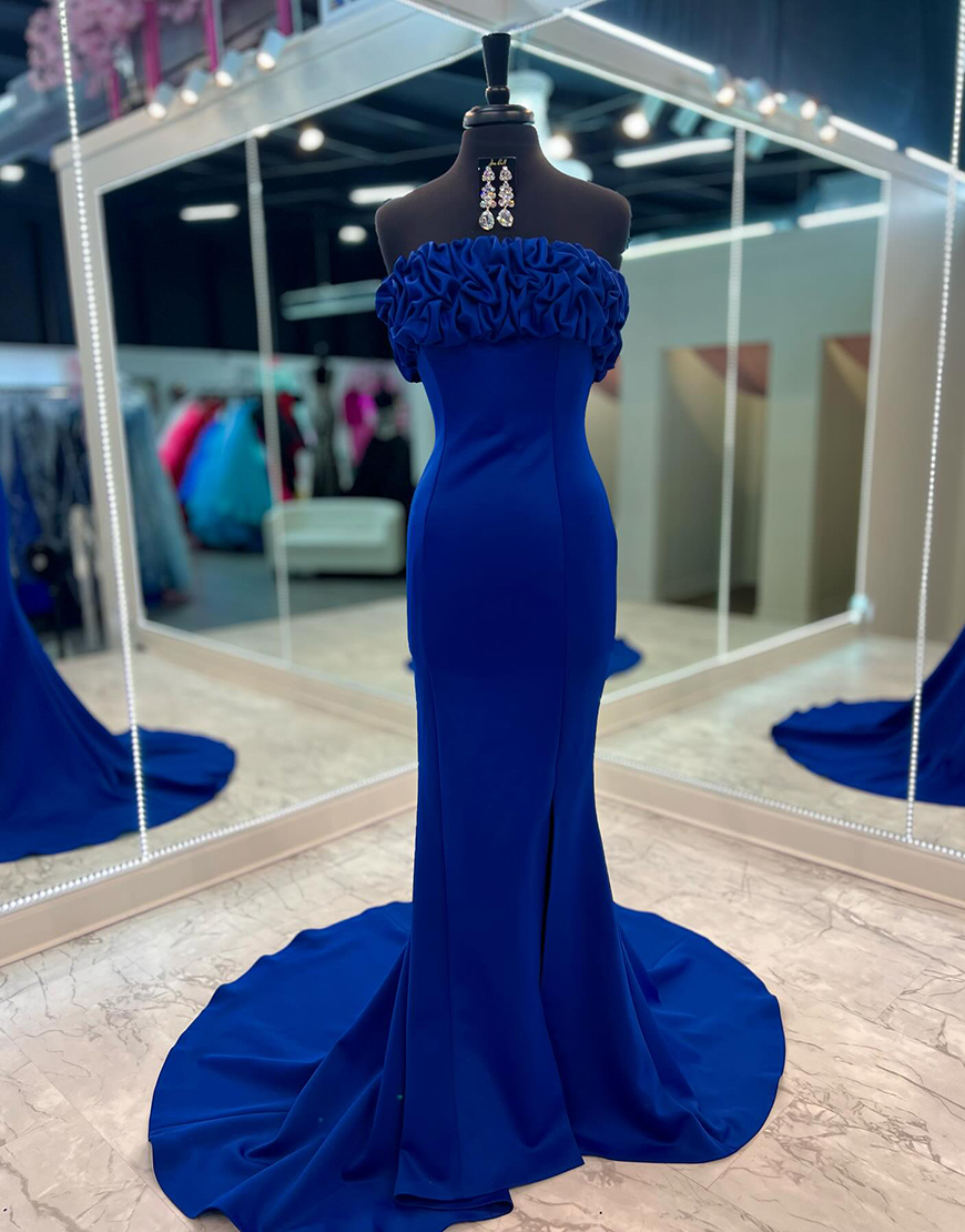 Royal Blue Mermaid Strapless Ruched Corset Long Prom Dress