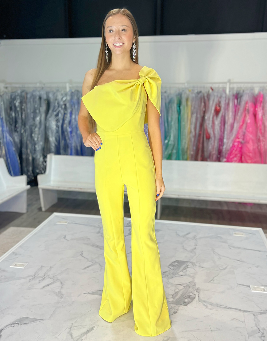 Sparkly Yellow One Shoulder Long Prom Jumpsuit with Bow