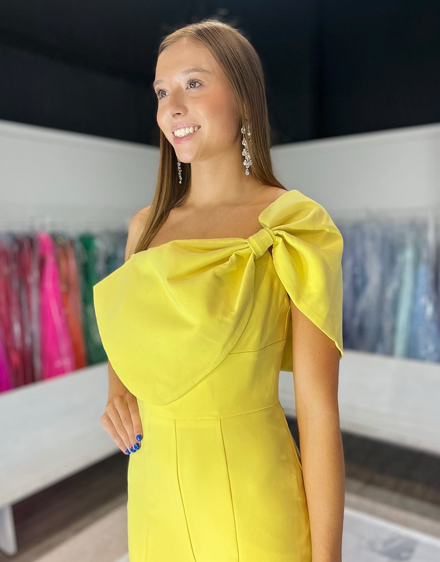 Sparkly Yellow One Shoulder Long Prom Jumpsuit with Bow