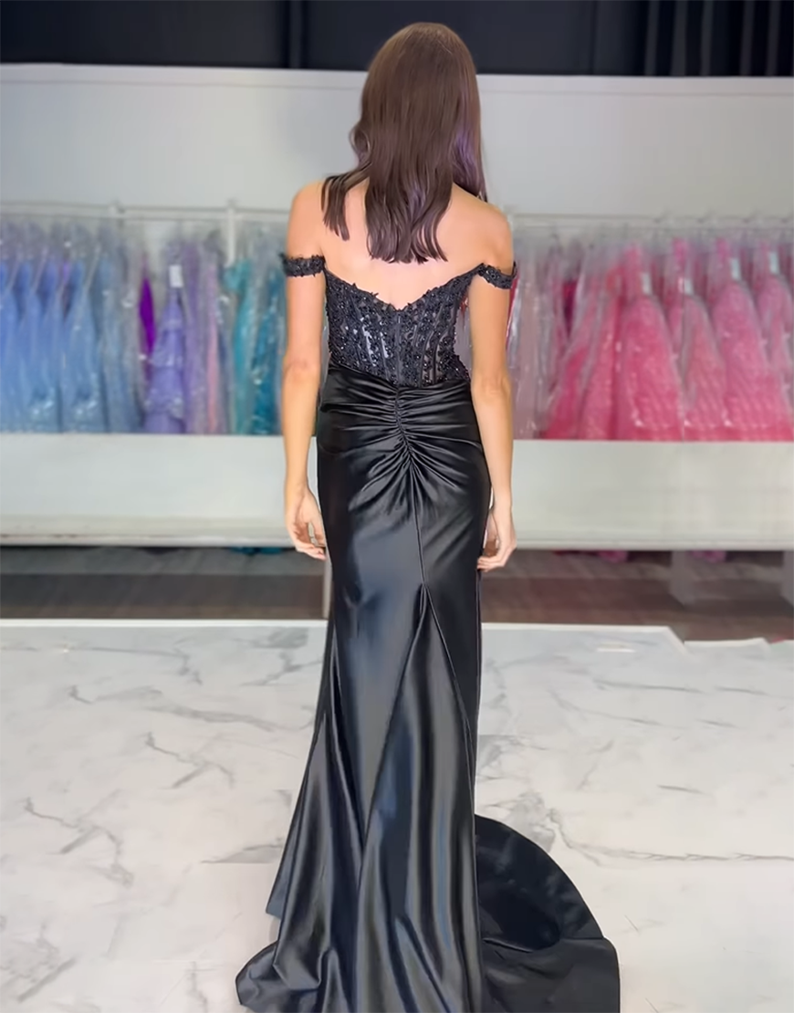 Sparkly Blush Mermaid Off the Shoulder Corset Appliques Long Prom Dress with Slit